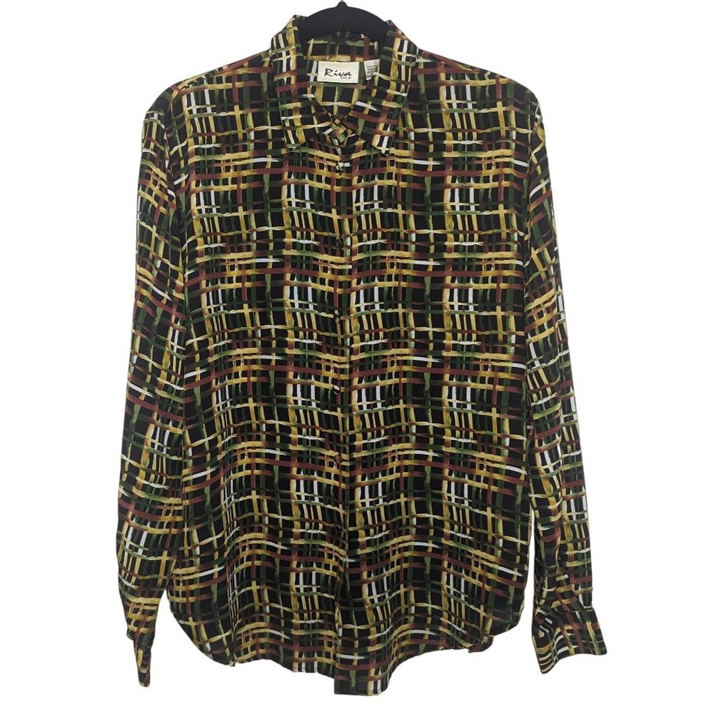 Riva Vintage long sleeve button front geometric print yellow green silk blouse S